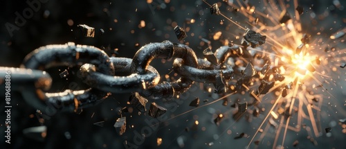 Close-up of a breaking chain under pressure with sparks and debris flying; symbolizing strength, freedom, and resilience.