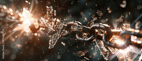 Close-up of a breaking chain with sparks and debris flying; concept of freedom, strength, and breaking limitations.