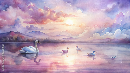 A serene lakeside scene with a family of swans gliding gracefully on the water, under a watercolor-painted sky tinged with shades of pink and purple