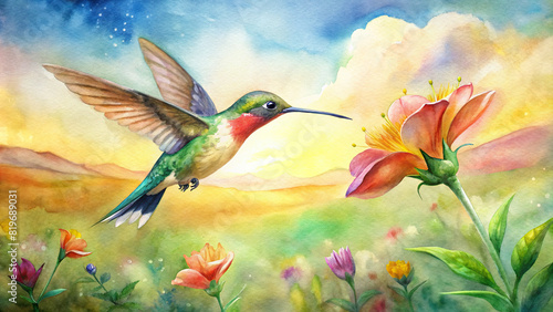 A close-up of a colorful hummingbird sipping nectar from a vibrant flower in a sunlit meadow, with a watercolor-painted sky in the background