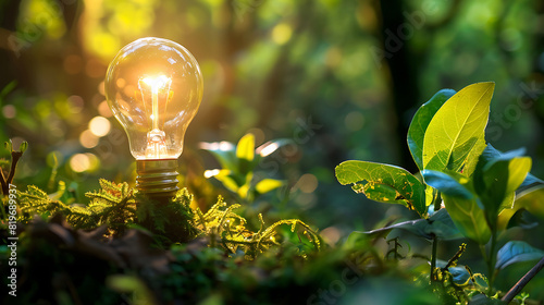 A glowing glass light bulb on green grass symbolizes a bright idea in energy innovation