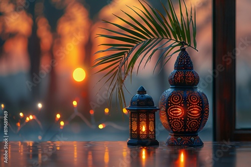 Digital artwork of date palm on the table with a lantern with lights in the background