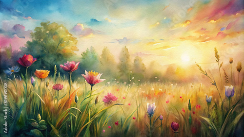 A captivating watercolor illustration of a lush meadow teeming with colorful flowers, with a gentle breeze causing the tall grasses to sway rhythmically under the warm glow of the afternoon sun