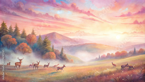An idyllic countryside scene with a herd of grazing deer in a sunlit meadow, surrounded by rolling hills and a watercolor sky painted in shades of pink and orange