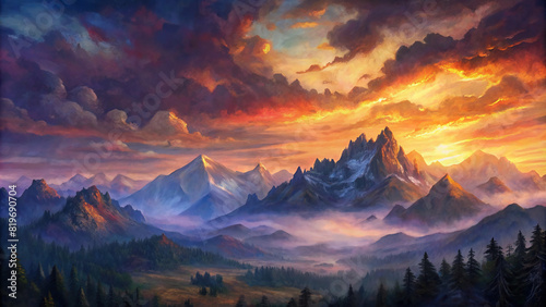 An expansive panorama of a rugged mountain range silhouetted against a fiery sunset sky, with the warm hues of dusk casting a magical glow over the landscape