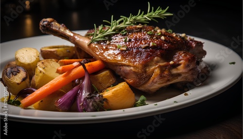 Duck confit, delicious decadent French dish made with duck legs, slow-cooked in their own fat, served with crispy skin