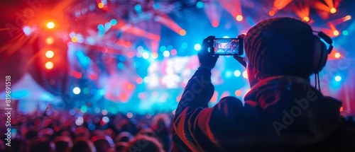 Person recording live concert with smartphone, colorful stage lights, vibrant crowd enjoying the music event at night.