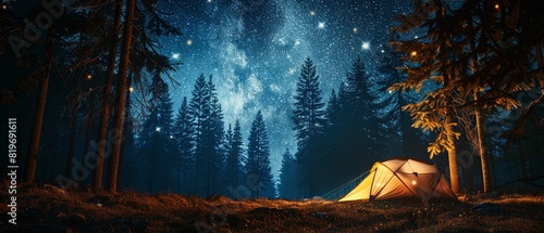 Serene night camping under a starry sky in a forest, with a glowing tent providing a cozy refuge amidst tall trees and natural beauty.