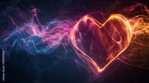 A heart made of light pulses against a dark background, with each beat sending out ripples of light. Dynamic and dramatic composition, with cope space