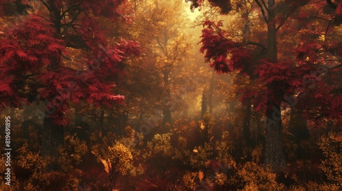 A dense forest in autumn, the foliage in shades of red and gold, viewed through a gradient multilayer glass, 3D rendering. 32k, full ultra HD, high resolution