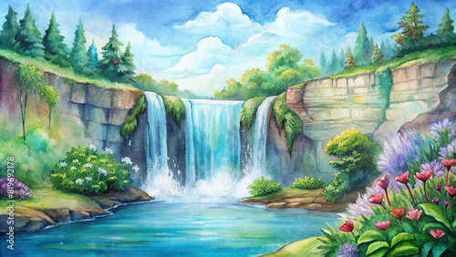 A picturesque waterfall cascading down a rocky cliff into a crystal-clear pool below, surrounded by lush greenery and vibrant wildflowers, under a bright blue sky