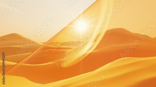 A desert scene with sand dunes under a scorching sun, visualized through a heatwave gradient multilayer glass, 3D rendering.
