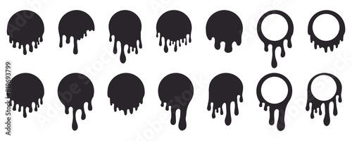 Melt drip circle silhouette paint round splash with drops, liquid shape, stain isolated on white background. Collection of Flowing fluid, slime or cream.