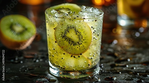  A macro of a water glass with a kiwi and slice of kiwi positioned on its edge