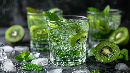  A glass of water with a kiwi on the rim and mint leaves on the rim, in focus