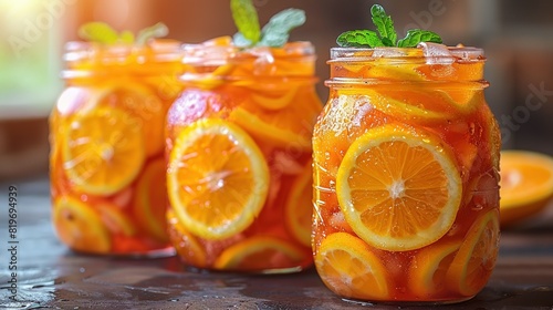  A cluster of mason jars brimming with orange wedges and mint garnish adorning a wooden platter beside orange slices