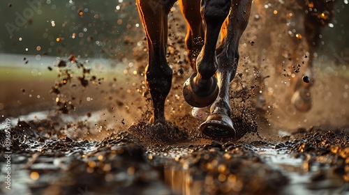 A detailed depiction of a racehorses powerful legs and hooves, capturing the moment of explosive power as it races on a muddy track