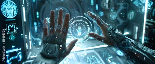 Artificial intelligence, advanced, human body, full body, outstanding, grab the control panel icon with your hand to decipher the future Han photo technology The overall mood is cinematic and futurist