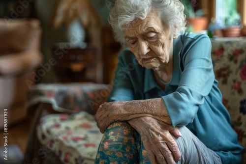 An elderly lady in a home setting looking down at her swollen knee showing a mix of pain and frustration