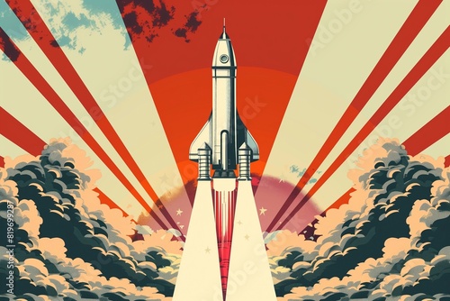 Pace rocket launching and flying retro vintage rocketship vector illustration