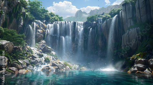 A majestic waterfall flowing over a series of rocky ledges into a crystal-clear pool below.