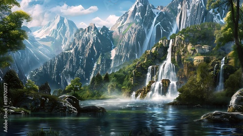 A peaceful waterfall cascading down a rocky slope into a serene mountain lake.