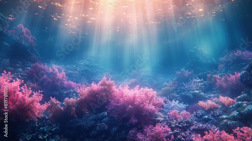  A vibrant underwater photo showcases sunlight filtering through the water while corals flourish beneath it