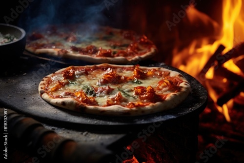 freshly made pizza sitting in a wood oven,