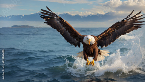 An eagle is flying in a stormy sky. The eagle has its wings spread wide and is looking down. 