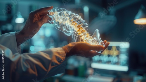 Doctor holds hologram of human spine. 3D hologram. Medical concept.