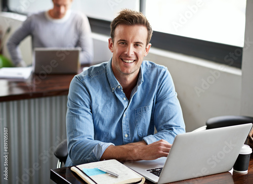 Laptop, portrait and planning in office for businessman, strategy and research for project. Technology, computer and online search for information for male person, creative writer and journalist