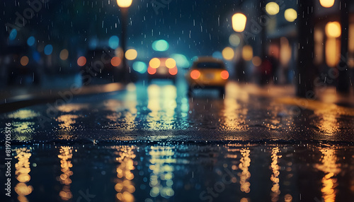 Rain falls softly and Illumination city blurred background. Generative Ai