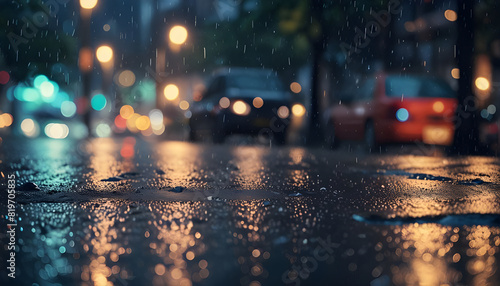 Rain falls softly and Illumination city blurred background. Generative Ai