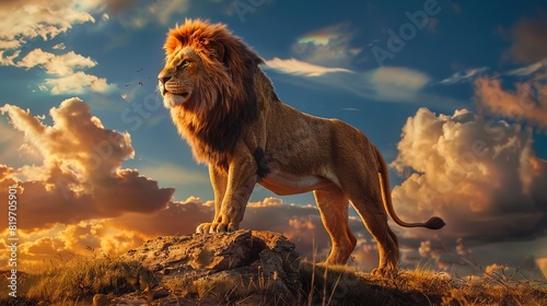 Superb A lion on a mountain roars at sunset
