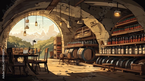 Wine Cellar background flat design side view vintage collectors paradise theme 3D render vivid