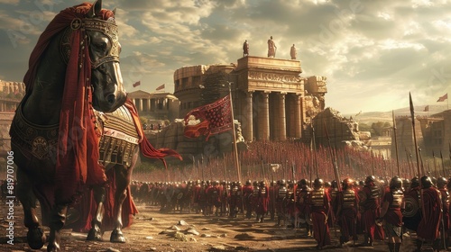 Ancient Roman army marching towards the grand architecture of Rome, featuring majestic buildings and historically detailed military formations.