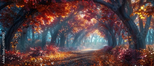 Majestic autumn forest path with vibrant red and orange foliage, illuminated by soft sunlight, creating a magical, serene ambiance.