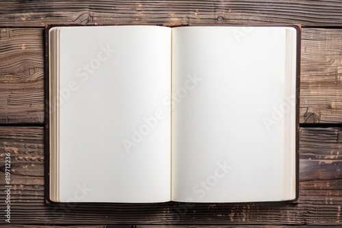 An open book with blank white pages the overhead view capturing the elegance of simplicity on a polished wooden background