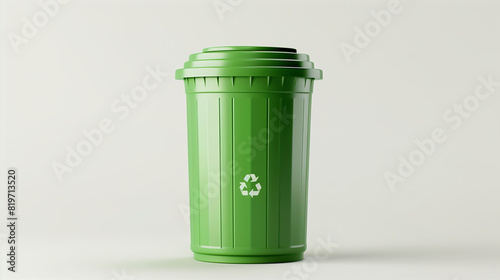 Green rubbish bin on yellow background. A new unbox green large bin isolated on white background. A picture of a large green rubbish bin with wheels. 