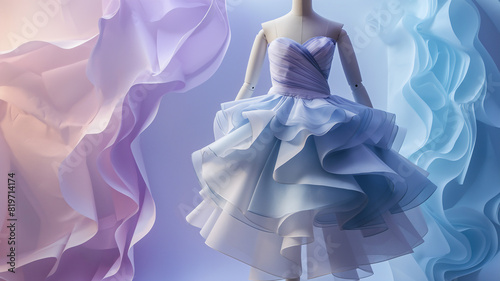 Elegant lavender and blue ruffled dress on a mannequin, surrounded by flowing fabric swirls, creating a dreamy and ethereal display.