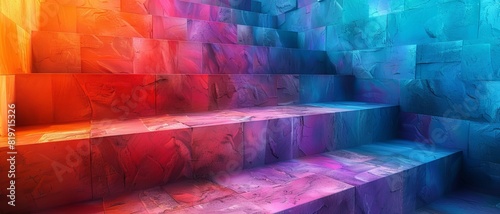 Vibrant and colorful abstract background of staircase with gradient hues of red, pink, purple, and blue, suitable for modern design projects.