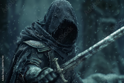 A man wearing a hooded outfit is holding a sword in a medieval warrior dark fantasy setting