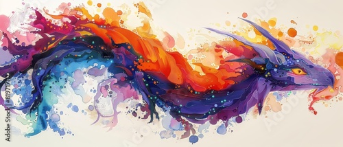 Vibrant watercolor dragon art in colorful abstract style, blending hues of orange, red, purple, and blue in a fluid, dynamic form.