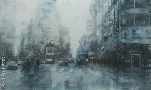 Muted shades of gray and blue flow together, with only the faint outlines of buildings and street signs barely visible, as if a watercolor painting had come to life through blurry windows.
