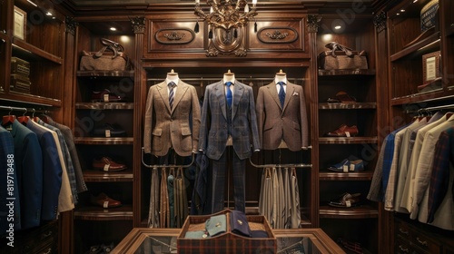 Timeless elegance: Men's suits showcased in a high-end boutique, embodying the essence of men's fashion, luxury retail display, and sophisticated style 