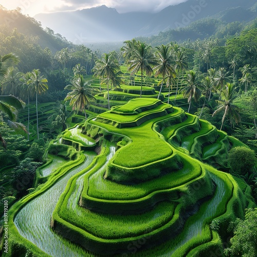 Drone view of rice plantation in bali with path to walk around and palms Rice terraces photos from the height, bali, indonesia, ubud, the geometry of the rice field Please provide high-resolution