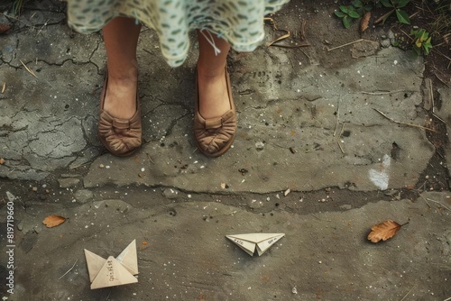 A child feet standing alone with a paper airplane labeled with insults lying nearby on the schoolyard ground