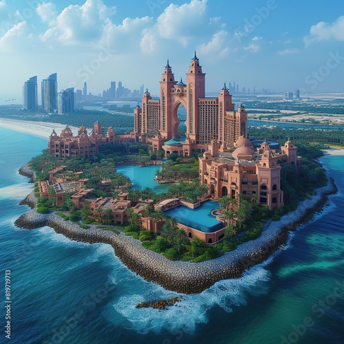 Dubai, United Arab Emirates - June 5, 2019: Atlantis hotel and the whole Palm island background in Dubai aerial view Please provide high-resolution