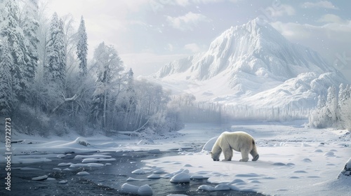 Winter atmospheric landscape featuring a majestic polar bear, surrounded by frost-covered scenery in a serene arctic environment. 