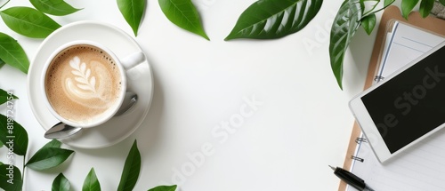 Clean and organized white background with a notepad, coffee cup, tablet, and green leaves, symbolizing productivity and freshness